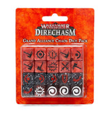 A blister pack of 20 square-edged Warhammer Underworlds dice arranged in four rows of five: red dice with black symbols above dark speckled dice with red, white and black symbols. The orange-red backing reads “WARHAMMER UNDERWORLDS,” “DIRECHASM” and “GRAND ALLIANCE CHAOS DICE PACK.”