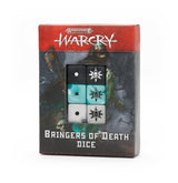 Boxed Warcry dice set with six dice visible in two columns: black, turquoise and white faces show pips or dark skull-and-star icons. The red-and-gray package reads “WARHAMMER AGE OF SIGMAR,” “WARCRY” and “BRINGERS OF DEATH DICE.”