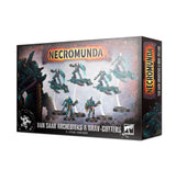 Necromunda miniature set box shown from the front and right side, with artwork of teal-armored figures: four riding hovering cutters and two standing. The front reads “NECROMUNDA” and “VAN SAAR ARCHÆOTEKS & GRAV-CUTTERS.”