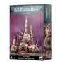Box for a Death Guard Miasmic Malignifier miniature, with artwork of a rust-colored, spiked industrial structure covered in skulls, vents and pink tubes against a purple background; the side shows close-up artwork. Text reads “WARHAMMER 40,000” and “DEATH GUARD MIASMIC MALIGNIFIER.”