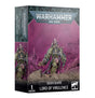 Box for a Warhammer 40,000 miniature, with a bulky olive-green armored figure, spikes, purple details and a double-barreled weapon against a magenta battlefield. The front reads “DEATH GUARD” and “LORD OF VIRULENCE”; matching artwork and vertical title appear on the side.