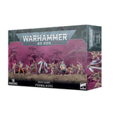 A Warhammer 40,000 Death Guard: Poxwalkers miniature box shown from the front and right side. The front has a row of armored, mutated figures against a purple background and the text “WARHAMMER 40,000,” “DEATH GUARD,” “POXWALKERS,” and “10 MINIATURES.”