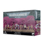 A Warhammer 40,000 Death Guard: Poxwalkers miniature box shown from the front and right side. The front has a row of armored, mutated figures against a purple background and the text “WARHAMMER 40,000,” “DEATH GUARD,” “POXWALKERS,” and “10 MINIATURES.”