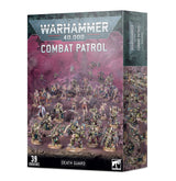 A Warhammer 40,000 “Combat Patrol” box for Death Guard, shown from the front and right side. The purple-and-gray packaging depicts a crowd of armored and monstrous miniatures; the front reads “39 Miniatures” and “Death Guard.”