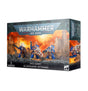 Box of Space Marines: Bladeguard Veterans miniatures shown from the front and right side, with three blue-armored figures against a fiery battlefield. The front reads “WARHAMMER 40,000,” “SPACE MARINES BLADEGUARD VETERANS” and “3 MINIATURES.”