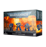 A Warhammer 40,000 Space Marines: Primaris Eradicators miniature set box, shown from the front and right side. The front depicts three blue-armored figures against an orange battlefield and reads “WARHAMMER 40,000,” “SPACE MARINES,” “PRIMARIS ERADICATORS,” and “3 MINIATURES.”