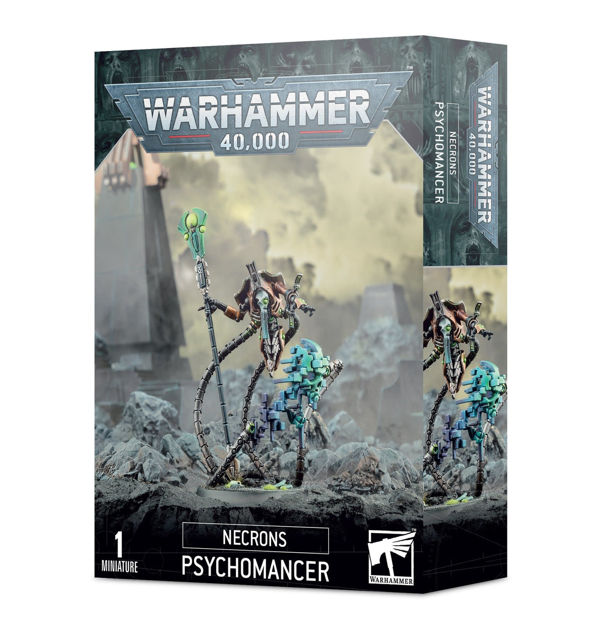 Warhammer 40,000 Necrons: Psychomancer miniature box, showing a thin skeletal robotic figure with a green-tipped staff and blue-green details on a rocky battlefield; the side panel repeats the figure. Front text reads “WARHAMMER 40,000” and “NECRONS PSYCHOMANCER.”