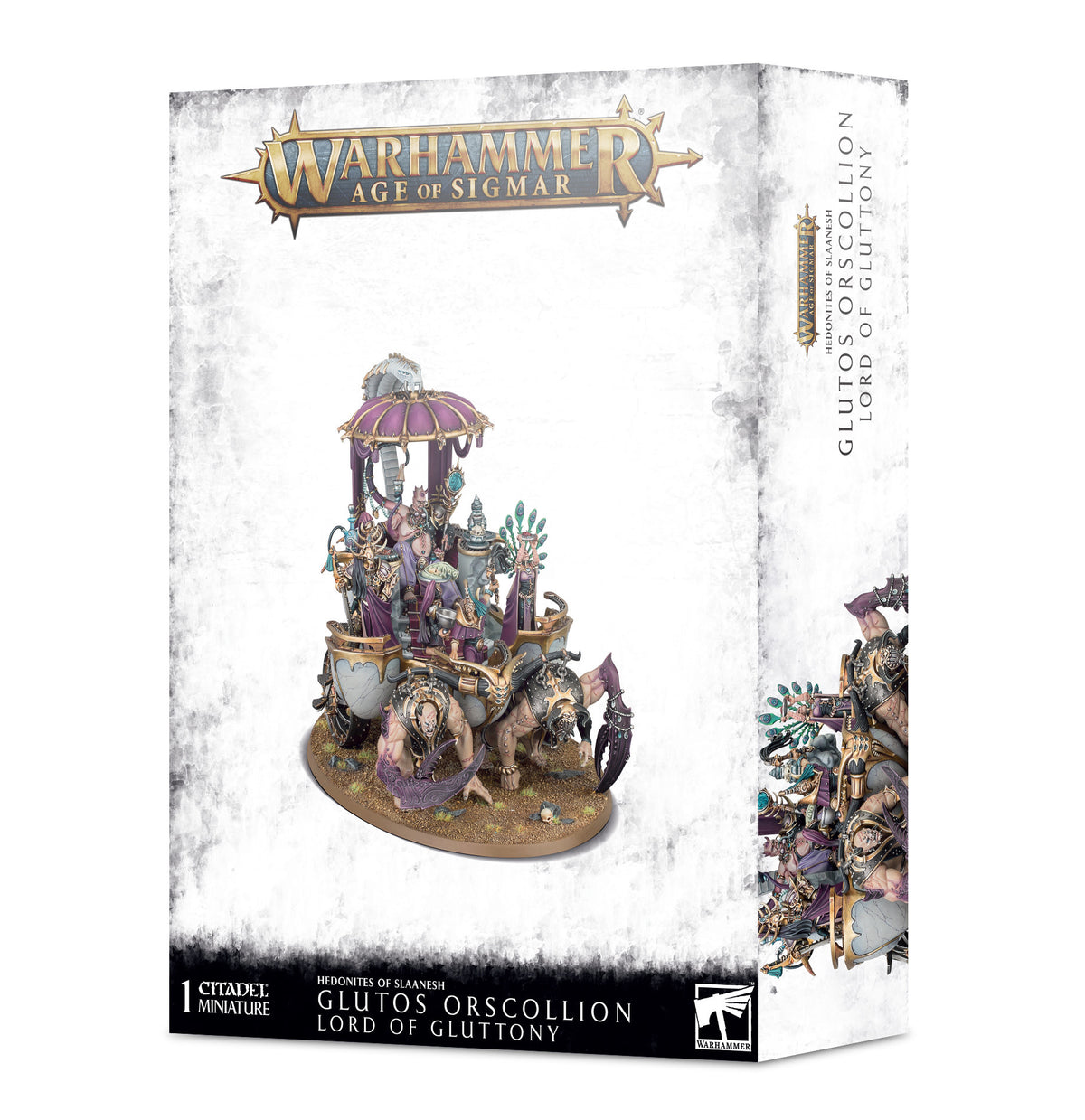 White and gray Warhammer box showing an ornate fantasy miniature on an oval base, with purple, gold and teal details and figures riding a beast-drawn platform. The front reads “WARHAMMER AGE OF SIGMAR” and “GLUTOS ORSCOLLION LORD OF GLUTTONY”; the right side shows a cropped view of the miniature.