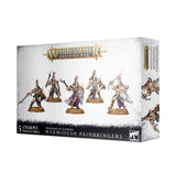 White Warhammer Age of Sigmar box shown at an angle, with five ornate fantasy fighters in gold, teal and purple armor pictured across the front and more artwork on the side. The front reads “5 Citadel Miniatures” and “Myrmidesh Painbringers.”