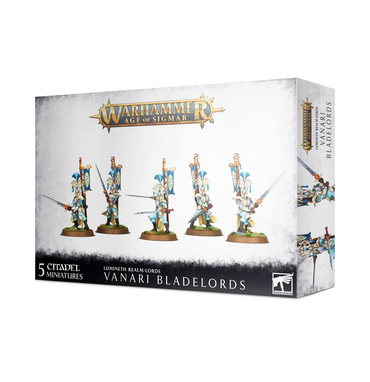 Box of Lumineth Realm-lords: Vanari Bladelords, showing five blue, white and gold sword-wielding miniatures across the front and additional character artwork on the side. The box reads “WARHAMMER AGE OF SIGMAR” and “5 CITADEL MINIATURES.”