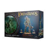 Dark blue Middle-earth miniature set box shown from the front and right side, with gold lettering and artwork of a towering tree-like figure beside two smaller characters; a circular forest scene appears on the left. The front reads “THE LORD OF THE RINGS” and “TREEBEARD, MIGHTY ENT.”