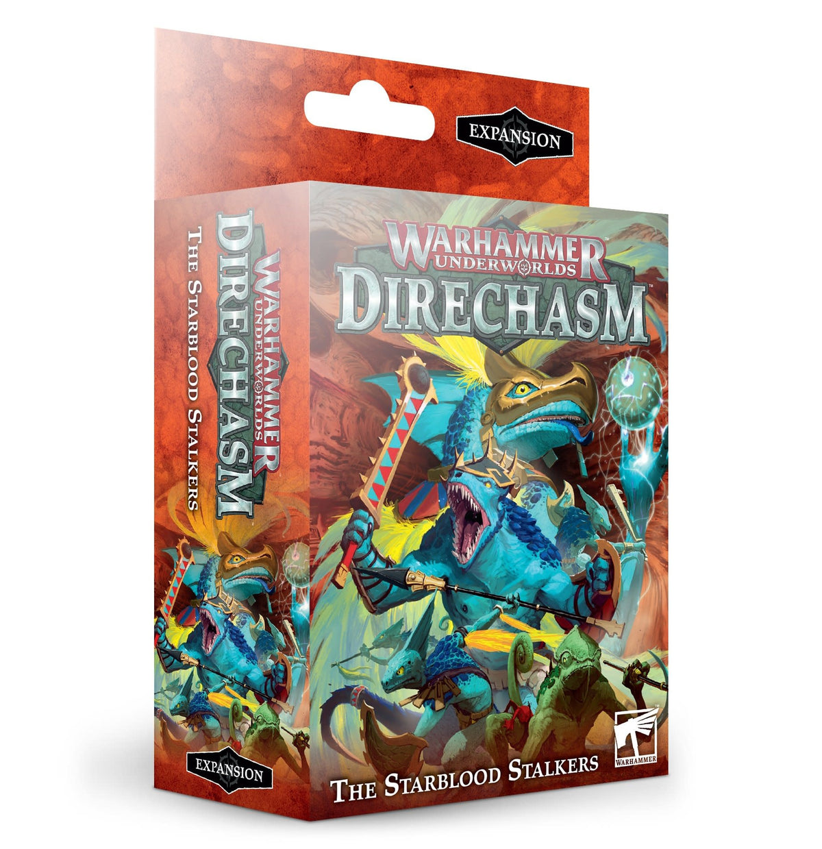 Angled view of a Warhammer Underworlds expansion box, with front and side panels showing colorful turquoise and blue reptilian warriors against a red-orange background. The front reads “WARHAMMER UNDERWORLDS DIRECHASM” and “THE STARBLOOD STALKERS.”