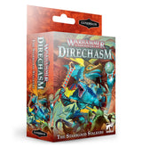 Angled view of a Warhammer Underworlds expansion box, with front and side panels showing colorful turquoise and blue reptilian warriors against a red-orange background. The front reads “WARHAMMER UNDERWORLDS DIRECHASM” and “THE STARBLOOD STALKERS.”