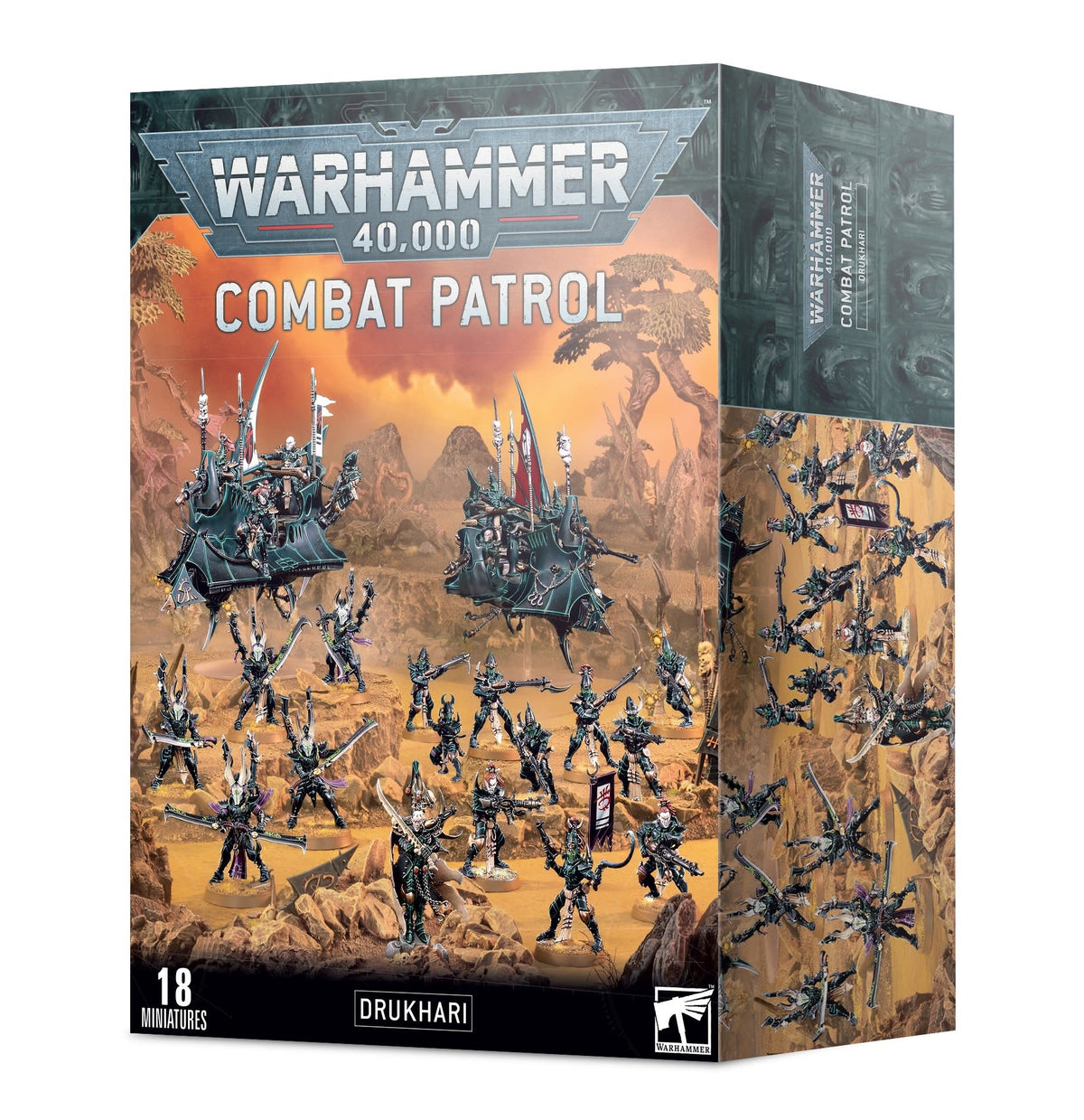 Drukhari Combat Patrol miniature set in a tall box, shown from the front and right side. The front depicts dark armored figures and vehicles in an orange desert scene beneath “WARHAMMER 40,000” and “COMBAT PATROL,” with “18 MINIATURES” and “DRUKHARI” at the bottom; the side shows more figures.