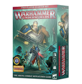 Box front and right side for a Warhammer Underworlds starter set, with teal fantasy artwork of armored warriors battling shadowy creatures. The front reads “TWO-PLAYER STARTER SET,” “WARHAMMER UNDERWORLDS,” and “THE ARENA COMBAT MINIATURES GAME”; the side repeats the game logo.