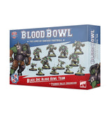 Box for a Black Orc Blood Bowl miniature team, shown from the front and right side. The blue and red packaging displays armored green orc players on bases and the text “BLOOD BOWL” and “BLACK ORC BLOOD BOWL TEAM.”