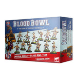 Blue and red Blood Bowl team box shown from the front and right side, with illustrated fantasy football miniatures across the front and a large armored player on the side. The box reads “BLOOD BOWL” and “IMPERIAL NOBILITY BLOOD BOWL TEAM.”