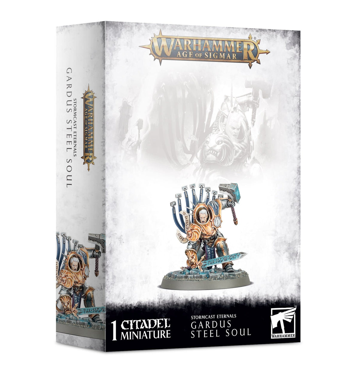 Box for a Gardus Steel Soul miniature, with white and gray artwork and a small armored figure in gold, silver and blue holding a hammer on a round base. The box reads “WARHAMMER AGE OF SIGMAR” and “1 CITADEL MINIATURE.”