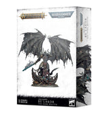 Box for the Be’lakor miniature, showing a dark armored, horned figure with huge tattered wings, chains and a glowing teal sword on a skull-strewn base; the side shows another view. Front text reads “WARHAMMER AGE OF SIGMAR,” “WARHAMMER 40,000” and “BE’LAKOR THE DARK MASTER.”