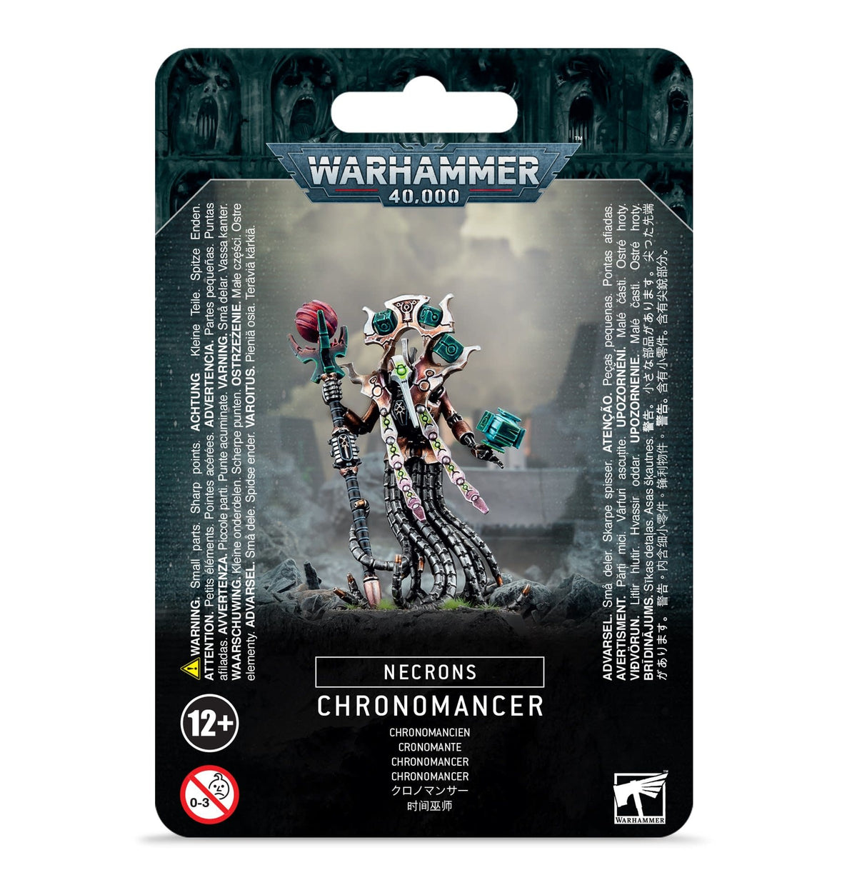 Front of a black Warhammer 40,000 package showing a skeletal sci-fi Necrons Chronomancer miniature with a staff, teal and pink accents, and trailing cables. The package reads “WARHAMMER 40,000” and “NECRONS CHRONOMANCER.”