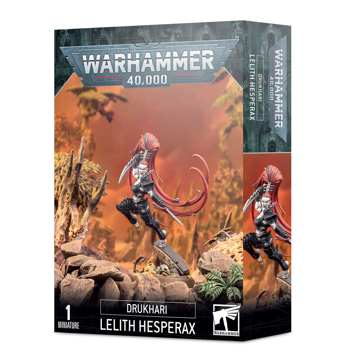 Angled Warhammer 40,000 miniature box showing the front and right side. The artwork depicts a pale warrior in black armor with flowing red hair and blades, leaping over rocky ground; the box reads “DRUKHARI” and “LELITH HESPERAX.”