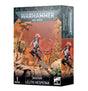 Angled Warhammer 40,000 miniature box showing the front and right side. The artwork depicts a pale warrior in black armor with flowing red hair and blades, leaping over rocky ground; the box reads “DRUKHARI” and “LELITH HESPERAX.”