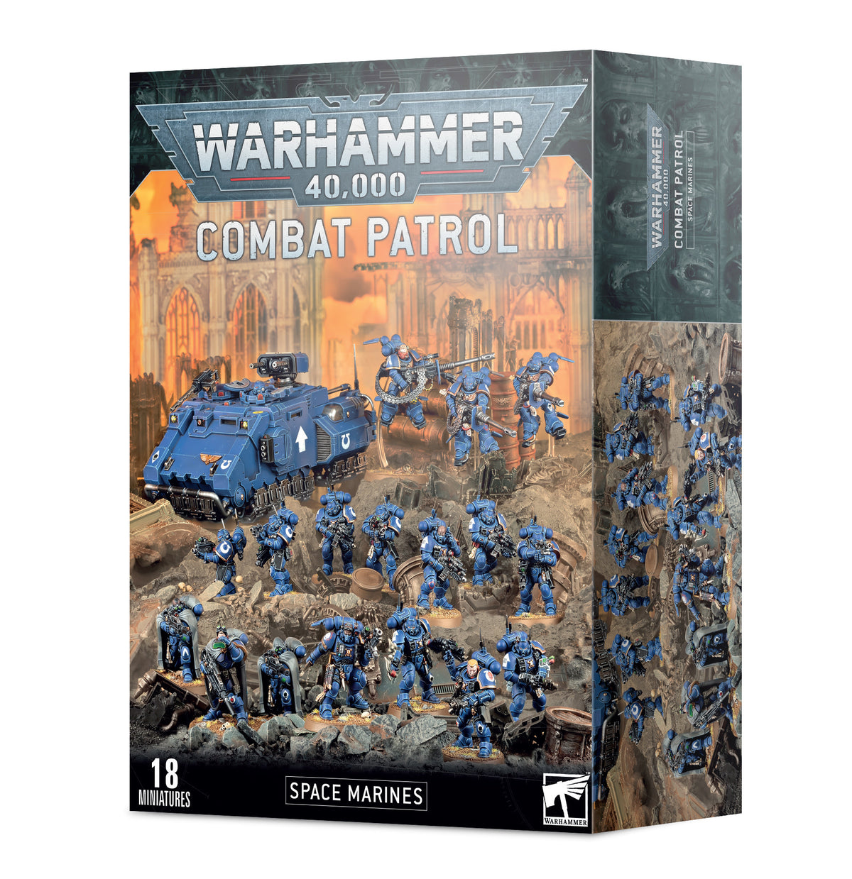 Space Marines: Combat Patrol box showing blue armored miniatures and a large blue vehicle against a fiery ruined-city battle scene; the side panel also depicts the figures. Front text reads “WARHAMMER 40,000,” “COMBAT PATROL,” “SPACE MARINES” and “18 MINIATURES.”