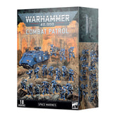Space Marines: Combat Patrol box showing blue armored miniatures and a large blue vehicle against a fiery ruined-city battle scene; the side panel also depicts the figures. Front text reads “WARHAMMER 40,000,” “COMBAT PATROL,” “SPACE MARINES” and “18 MINIATURES.”