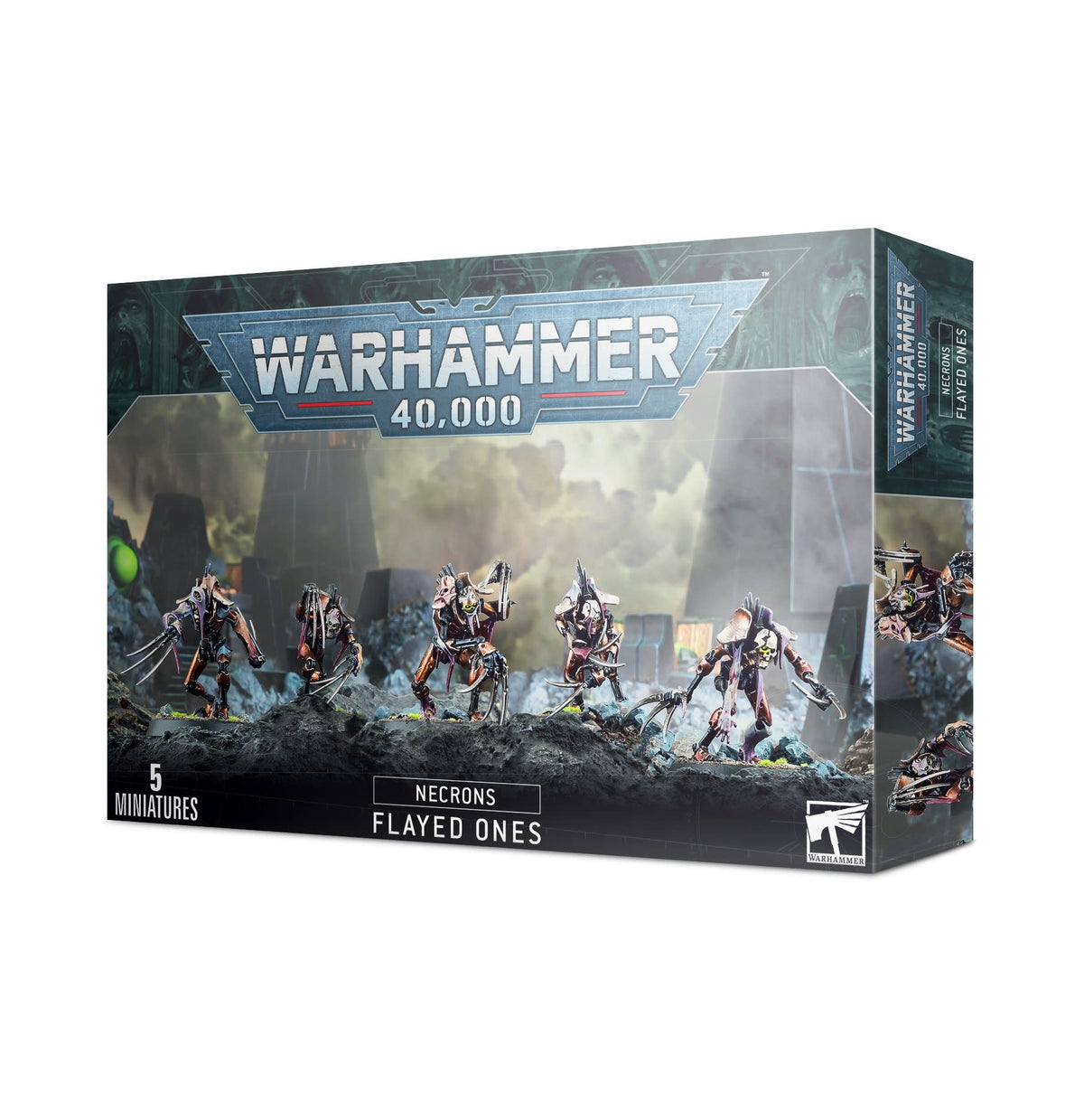 A dark teal Warhammer 40,000 box shown from the front and right side, illustrated with five skeletal, clawed sci-fi miniatures against a smoky battlefield. The front reads “WARHAMMER 40,000,” “NECRONS,” “FLAYED ONES,” and “5 MINIATURES.”