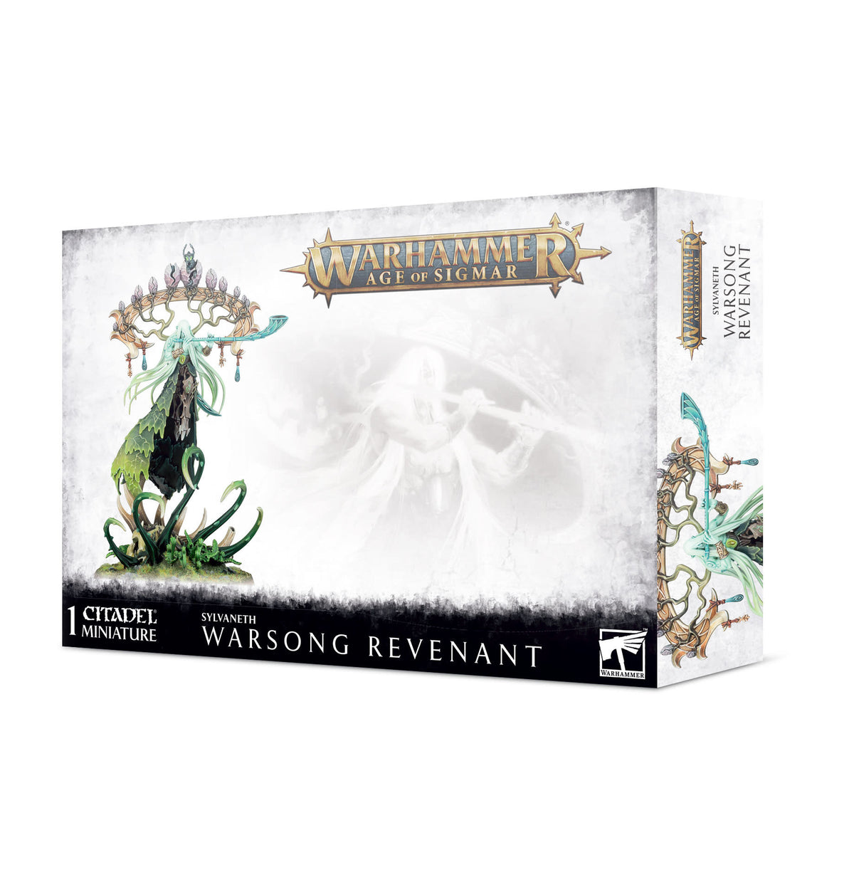 White Warhammer Age of Sigmar box shown at an angle, with an illustration of a green, branch-like Sylvaneth figure crowned by a twisted wooden arch. The front reads “WARHAMMER AGE OF SIGMAR” and “SYLVANETH WARSONG REVENANT”; matching artwork appears on the side.