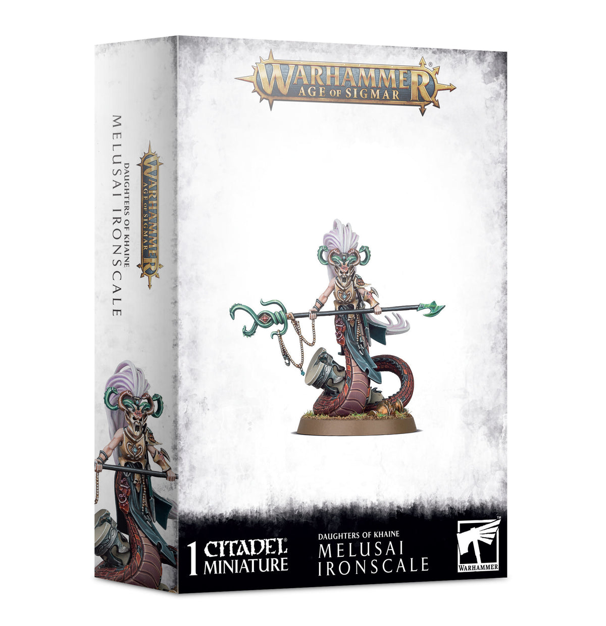 White and gray Warhammer box showing a painted serpent-bodied warrior miniature with a long spear, ornate armor, teal accents and a pale purple plume; the box spine repeats the character art. Text reads “WARHAMMER AGE OF SIGMAR,” “1 CITADEL MINIATURE” and “DAUGHTERS OF KHAINE MELUSAI IRONSCALE.”