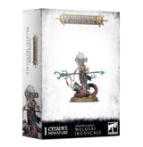 White and gray Warhammer box showing a painted serpent-bodied warrior miniature with a long spear, ornate armor, teal accents and a pale purple plume; the box spine repeats the character art. Text reads “WARHAMMER AGE OF SIGMAR,” “1 CITADEL MINIATURE” and “DAUGHTERS OF KHAINE MELUSAI IRONSCALE.”