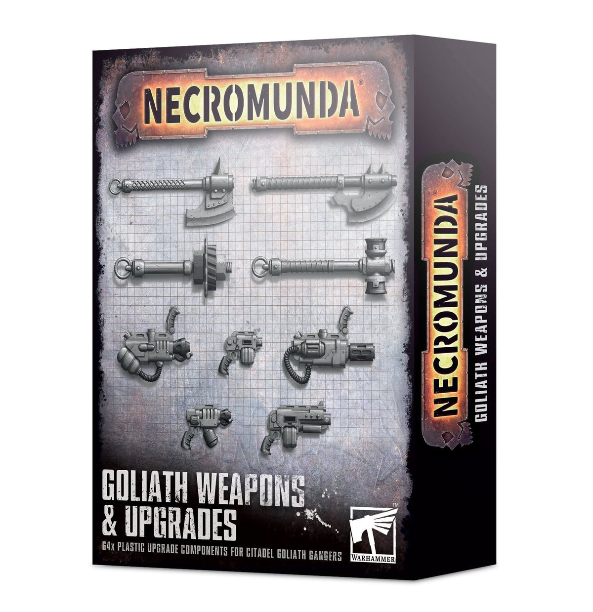 Box for Necromunda Goliath Weapons & Upgrades, shown from the front and right side. The weathered gray front displays rows of dark metallic weapon components on a grid, with orange-and-black “NECROMUNDA” lettering and white “GOLIATH WEAPONS & UPGRADES” text; the side repeats the title.