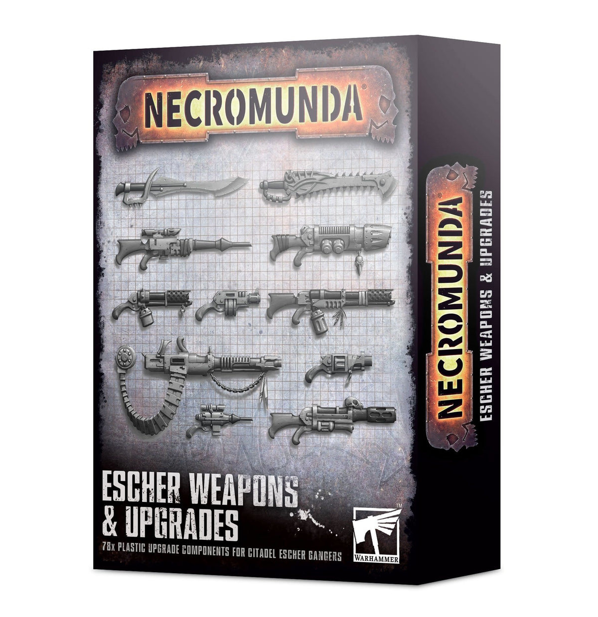 Angled view of a black Necromunda box showing rows of gray weapons and accessories on a gridded background. The front reads “NECROMUNDA” and “ESCHER WEAPONS & UPGRADES,” with the Necromunda title repeated on the side.