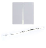 A white Citadel layer brush lies diagonally across a white background, with a close-up inset showing its fine pointed white bristles. The handle is printed with “CITADEL COLOUR” and smaller dark lettering.
