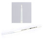 A white Citadel brush lies diagonally with a clear protective cap over its handle end and gray lettering reading “CITADEL COLOUR” and “STC BASE M” beside a barcode. An inset close-up shows its short, rounded white bristles.