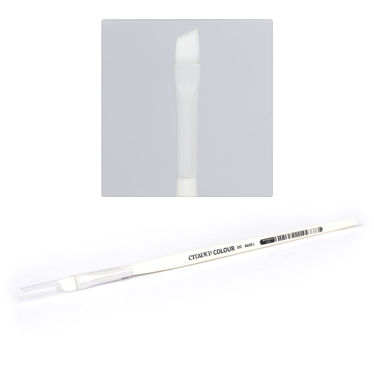 Large white Citadel hobby brush shown diagonally, with a clear protective cap over the handle end and gray “CITADEL COLOUR” lettering and barcode on the handle. An inset close-up shows the broad white bristles and tapered tip.