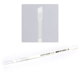 Large white Citadel hobby brush shown diagonally, with a clear protective cap over the handle end and gray “CITADEL COLOUR” lettering and barcode on the handle. An inset close-up shows the broad white bristles and tapered tip.