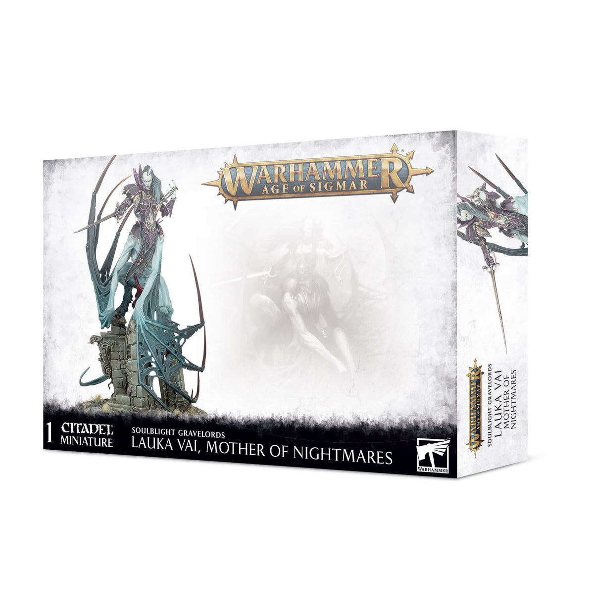 Angled white and gray box for a Citadel miniature, showing a blue-gray winged fantasy figure perched on a stone structure and partial artwork on the side panel. The front reads “WARHAMMER AGE OF SIGMAR,” “SOULBLIGHT GRAVELORDS,” and “LAUKA VAI, MOTHER OF NIGHTMARES.”