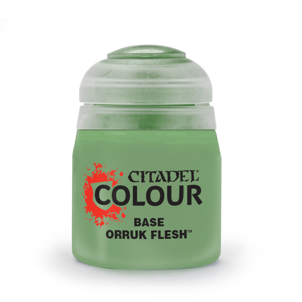 A squat pale green paint pot with a translucent light gray-green cap, shown upright against a white background. Its front label reads “CITADEL COLOUR,” “BASE,” and “ORRUK FLESH.”