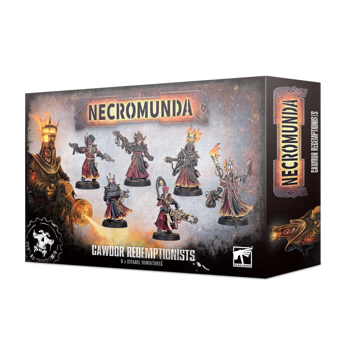Necromunda: Cawdor Redemptionists miniature set in a rectangular box, shown from the front and right side. The front depicts six armed figures in dark red robes against a smoky gray and orange background, with the text “NECROMUNDA” and “CAWDOR REDEMPTIONISTS.”