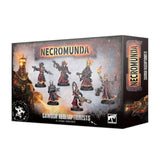 Necromunda: Cawdor Redemptionists miniature set in a rectangular box, shown from the front and right side. The front depicts six armed figures in dark red robes against a smoky gray and orange background, with the text “NECROMUNDA” and “CAWDOR REDEMPTIONISTS.”