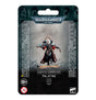 A painted Adepta Sororitas Palatine miniature stands centered on dark Warhammer 40,000 packaging, wearing black armor with red-and-white details and holding weapons. The card reads “WARHAMMER 40,000” and “ADEPTA SORORITAS PALATINE.”