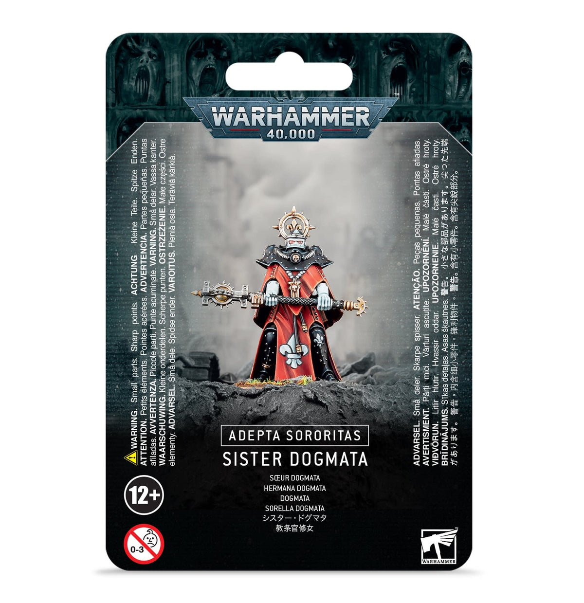 A packaged Adepta Sororitas miniature stands on a rocky base, wearing red and black armor and robes with a crown-like halo and holding a long staff. The black-and-gray backing reads “WARHAMMER 40,000” and “SISTER DOGMATA.”