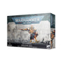 Warhammer 40,000 miniature box, shown from the front and right side. The front depicts a gold-armored warrior with a long spear and ornate backpiece standing on rubble against a ruined city; it reads “WARHAMMER 40,000” and “MORVENN VAHL.”