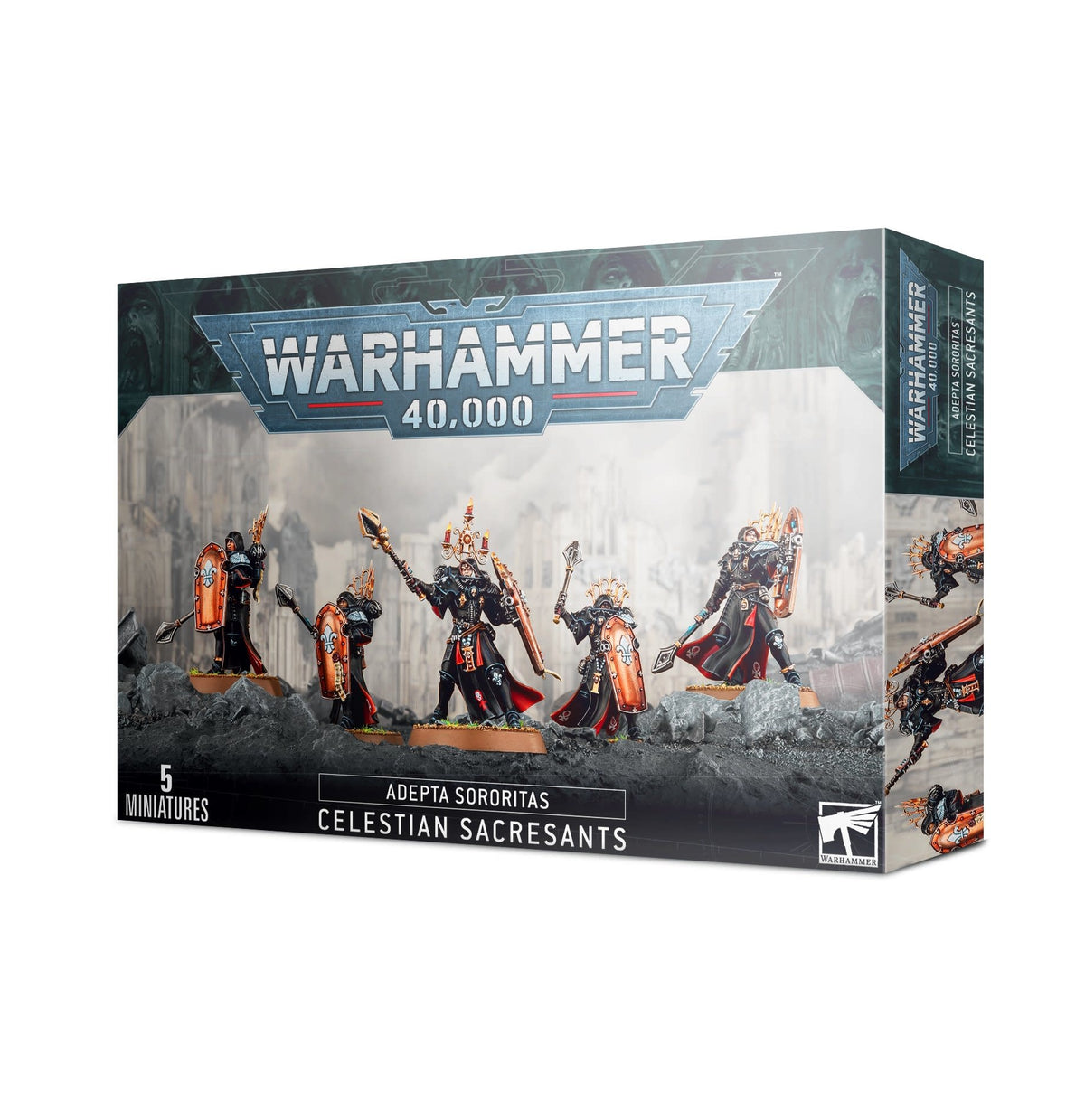 Warhammer 40,000 Celestian Sacresants miniature box, shown from the front and right side. The artwork depicts five armored figures with dark robes, red and gold details, shields and weapons; the box reads “WARHAMMER 40,000” and “CELESTIAN SACRESANTS.”