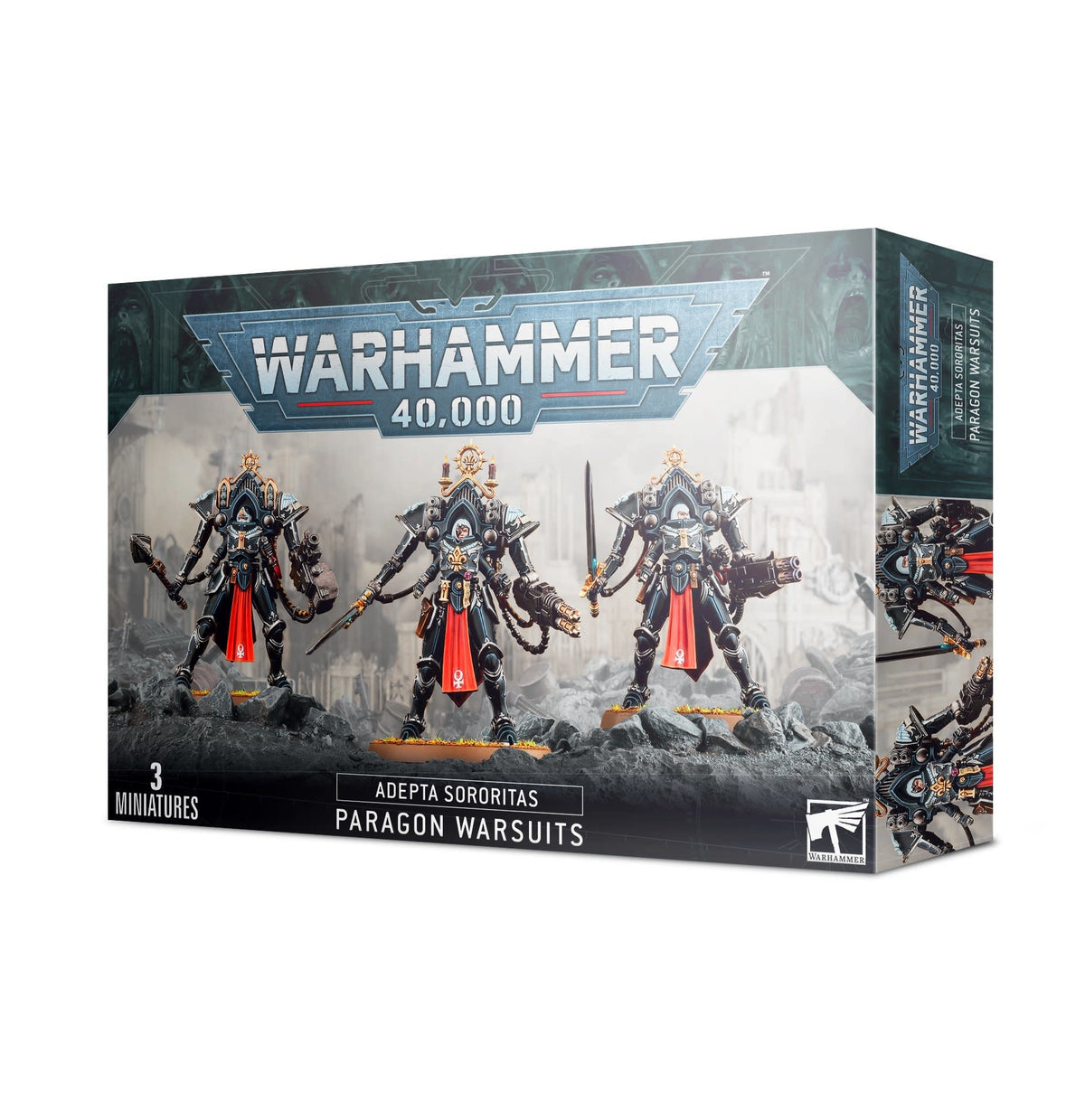 Box for three Adepta Sororitas Paragon Warsuit miniatures, shown at an angle with the front and right side visible. The artwork shows three dark armored figures with silver and gold details and red hanging cloth; the front reads “WARHAMMER 40,000” and “PARAGON WARSUITS”.