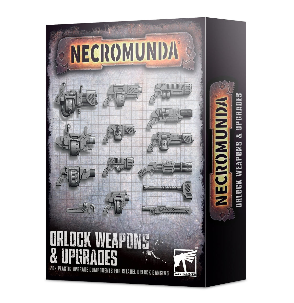 Box for Necromunda Orlock weapons and upgrades, with rows of gray illustrated guns and melee weapons on a distressed grid background. The front reads “NECROMUNDA” and “ORLOCK WEAPONS & UPGRADES”; the dark side panel repeats the title.