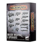 Box for Necromunda Orlock weapons and upgrades, with rows of gray illustrated guns and melee weapons on a distressed grid background. The front reads “NECROMUNDA” and “ORLOCK WEAPONS & UPGRADES”; the dark side panel repeats the title.
