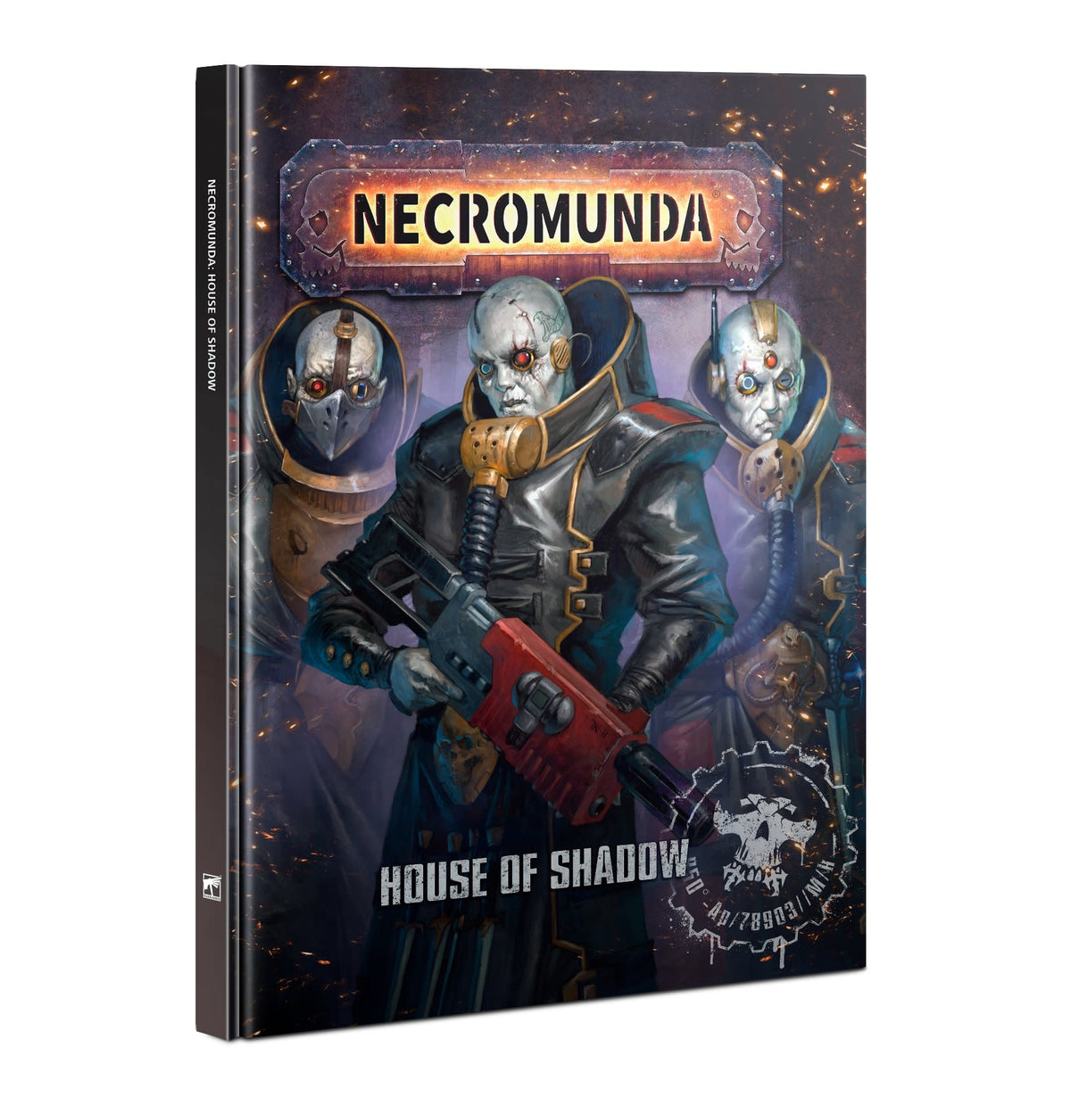 Angled hardback book cover titled “NECROMUNDA” and “HOUSE OF SHADOW,” showing a pale, bald figure in dark armor holding a red-and-black weapon, with two masked figures behind against a smoky, ember-speckled background.